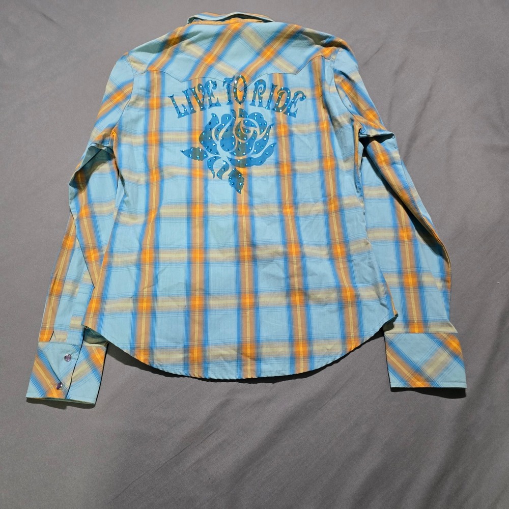 Roper Western Snap Shirt women Small Blue Orange Plaid Live To Ride Rose Studded